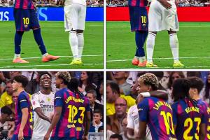 嘻嘻→呵呵赛中维尼修斯和亚马尔欢笑握手拥抱，赛后剑拔弩张